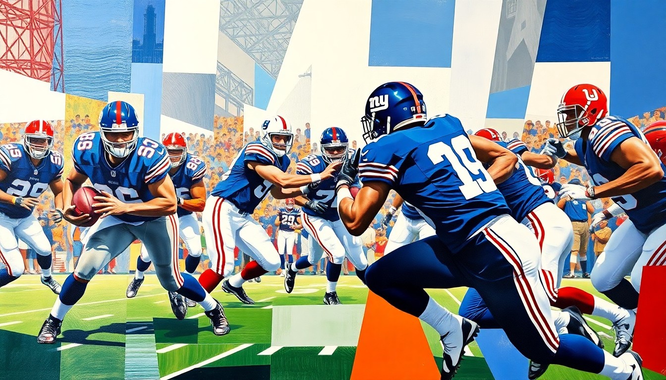 A fragmented, geometric painting depicting a football game in progress, with the players reduced to angular, overlapping shapes in shades of blue, red, and white, representing the colors of the New York Giants.