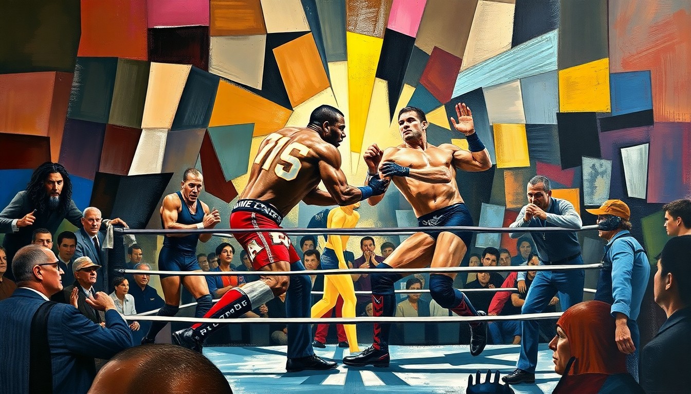 A cubist-style painting depicting the dynamic movements and clashing bodies of two professional wrestlers, their forms fractured into sharp, geometric planes of color and light.