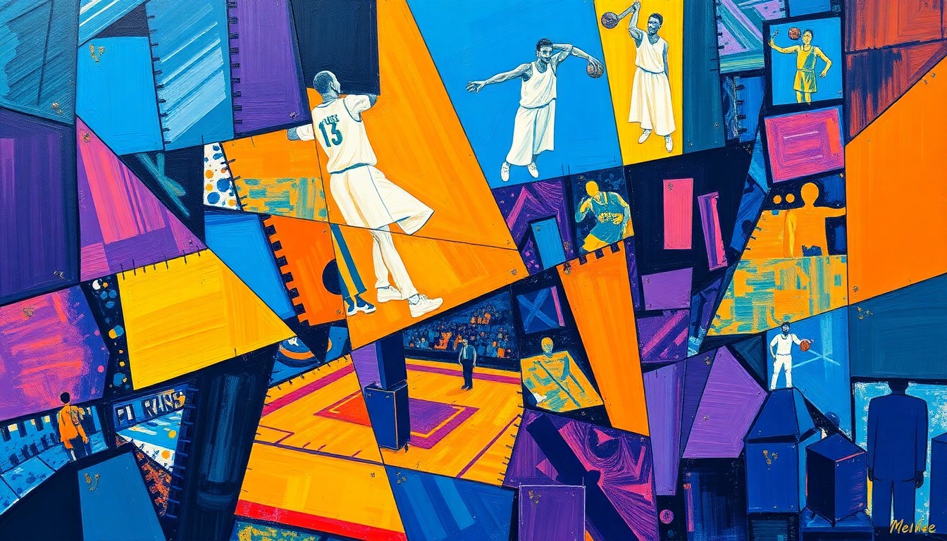A fragmented, geometric painting in bold colors depicting the action and intensity of a basketball game, with players' forms broken down into overlapping angular shapes.