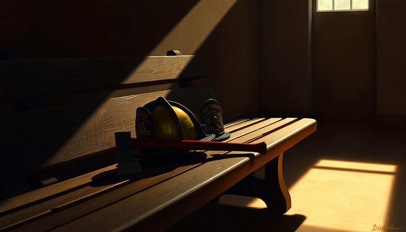 A realistic oil painting depicting a firefighter's helmet and axe resting on a weathered wooden bench, the scene bathed in warm, dramatic lighting that casts deep shadows, conveying a sense of melancholy and reverence.