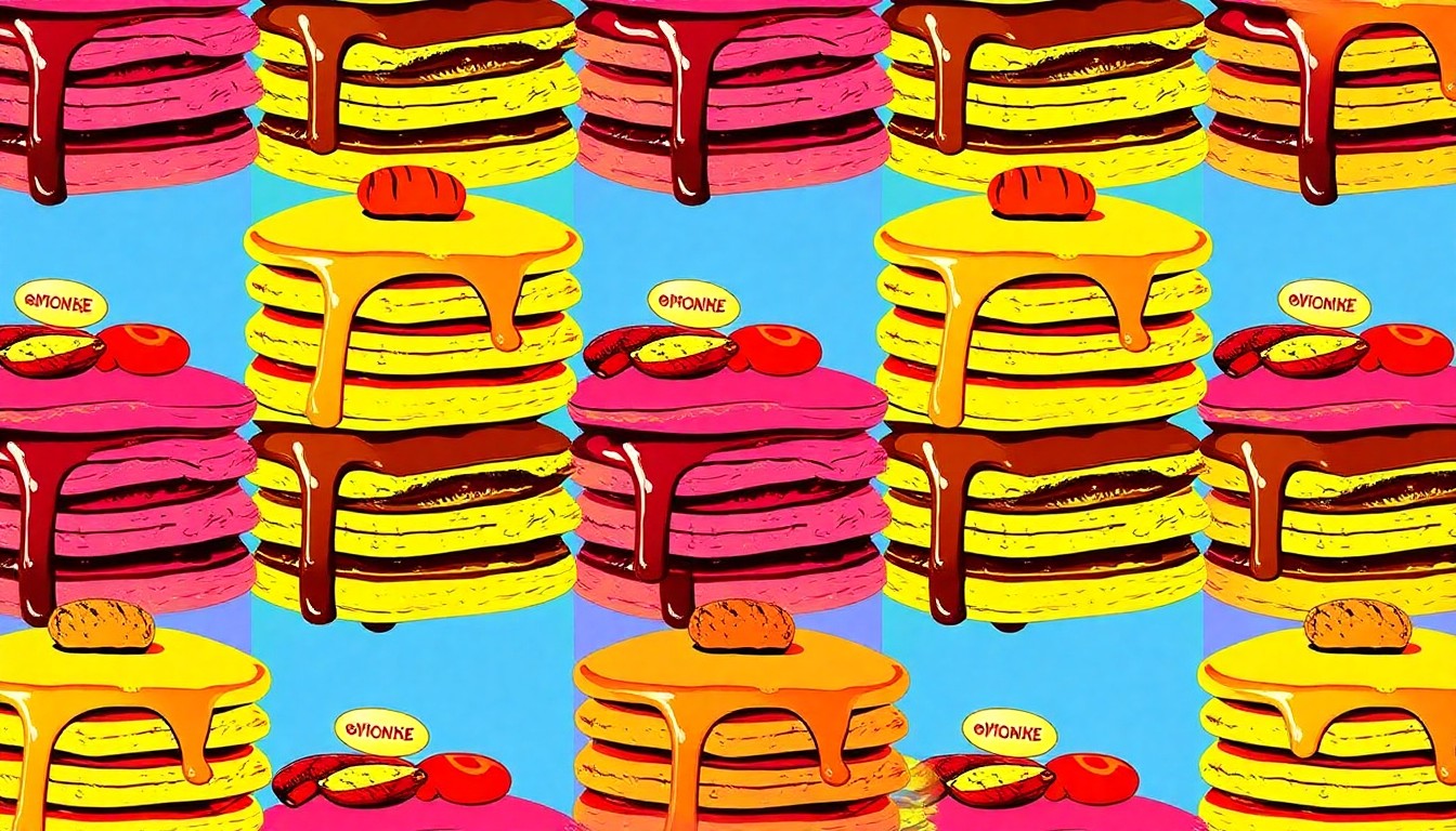 A vibrant, abstract grid of brightly colored pancake stacks, conceptually representing the creative and bold flavors of Snooze Eatery's new menu items.