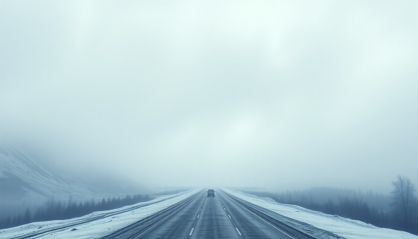 A sweeping, atmospheric landscape painting depicting a snow-covered mountain pass shrouded in heavy fog, with only the faint outlines of vehicles barely visible in the distance, conveying the overwhelming scale and power of the natural environment.