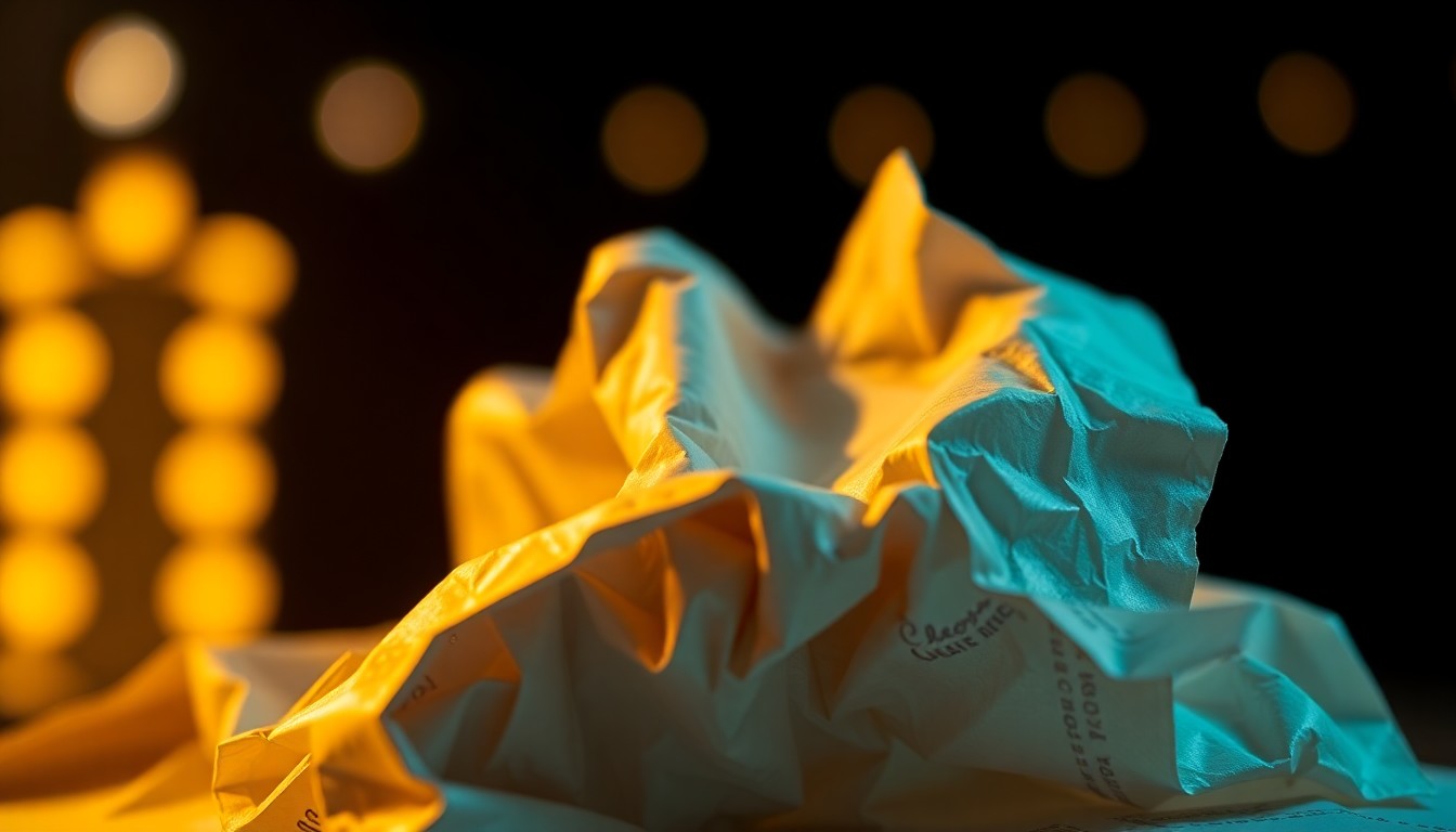 An extreme close-up photograph of a crumpled, shimmering theater program or ticket stub, the material capturing the high-contrast lighting and glamorous aesthetic of the entertainment industry in an abstract, conceptual manner.
