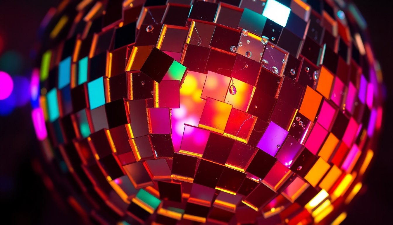 An extreme close-up of shattered glass reflecting a kaleidoscope of colorful lights, conceptually representing the surreal nature of the 'Jury Duty Presents: Corporate Retreat' experience.