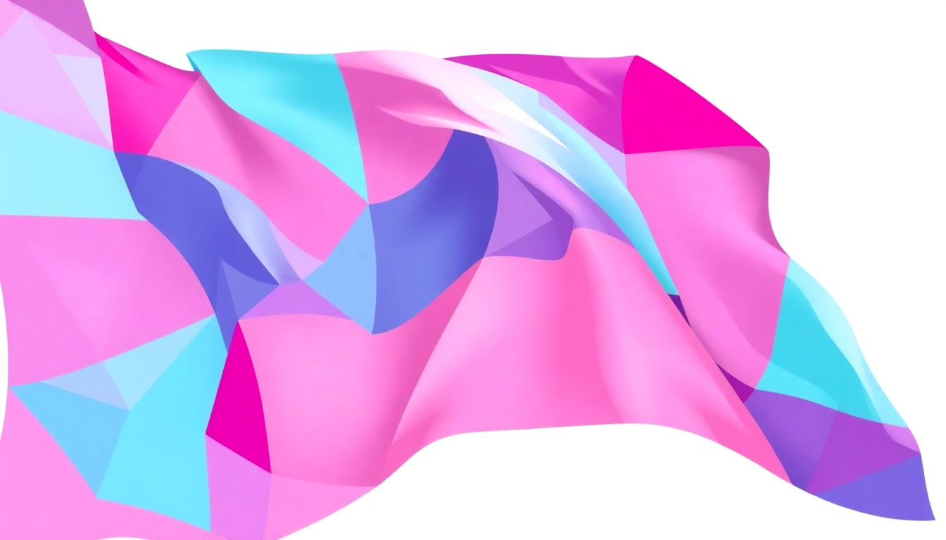 A vibrant, abstract painting featuring overlapping geometric shapes and waves of bright colors like magenta, teal, and lavender, conceptually representing the complex political debate over transgender healthcare access for undocumented immigrants.