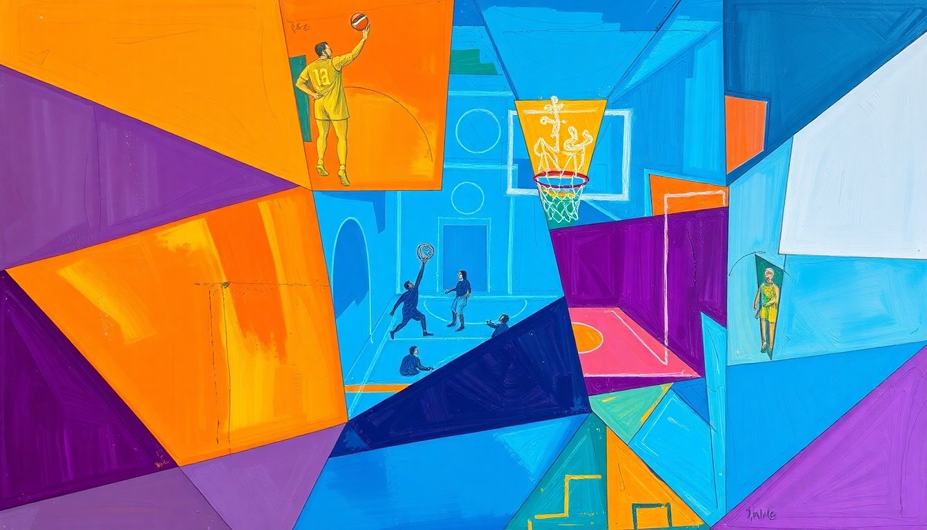 A cubist, geometric painting depicting a basketball game in motion, with overlapping shapes and planes of color representing the dynamic action on the court.