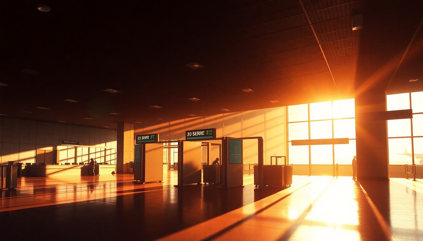 A photorealistic painting of an airport security checkpoint, with travelers passing through metal detectors and TSA agents monitoring the scene. The scene is bathed in warm, golden light and deep shadows, creating a contemplative, cinematic mood.