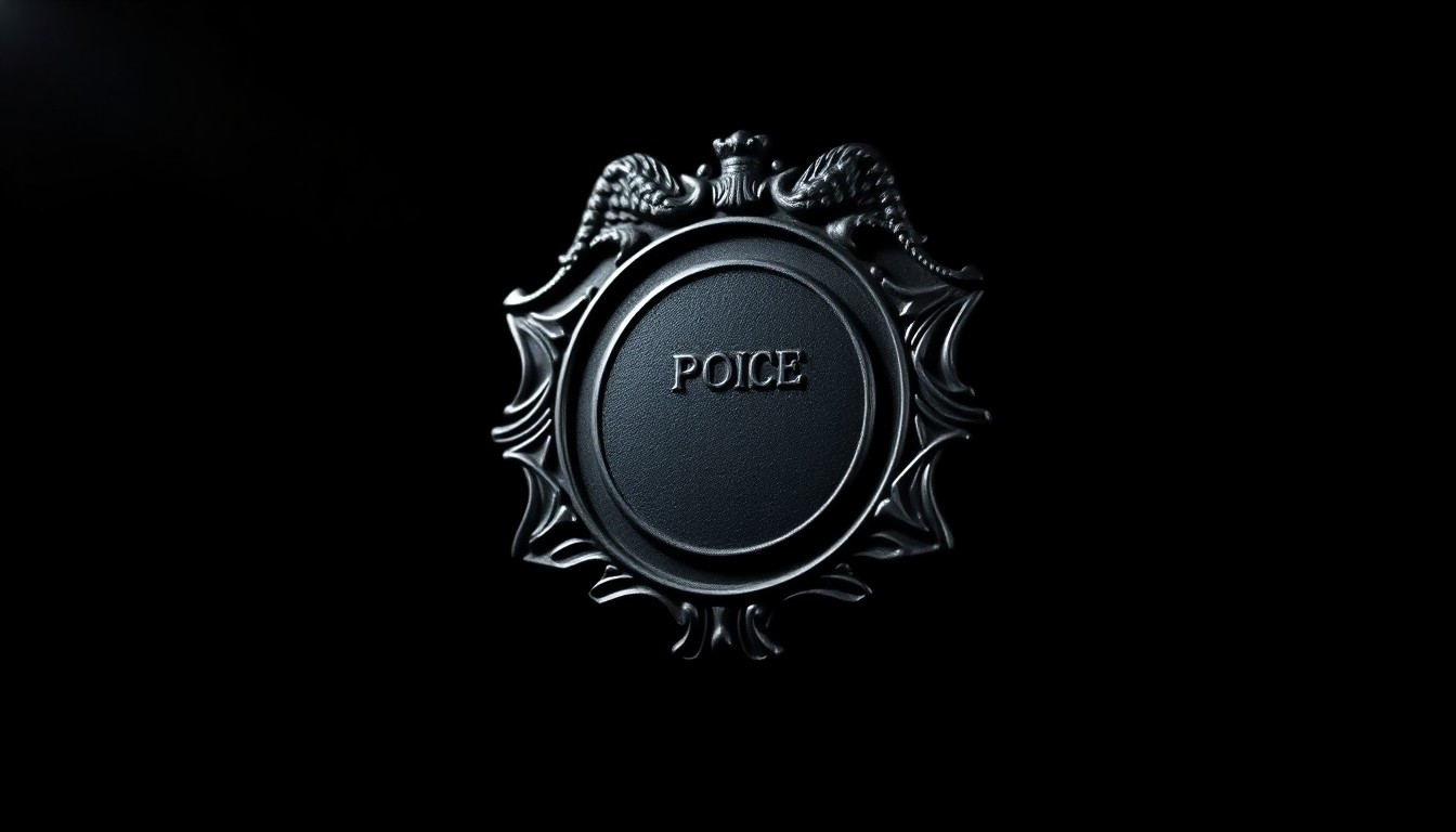 An extreme close-up photograph of a police badge or insignia, with harsh lighting and a stark, dark background, conceptually representing the investigative nature of police work and the transition of leadership in the Amarillo Police Department.
