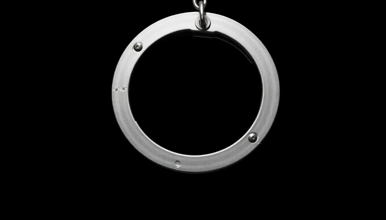 An extreme close-up photograph of a metal handcuff against a pitch-black background, capturing the stark, gritty aesthetic of a crime scene investigation.