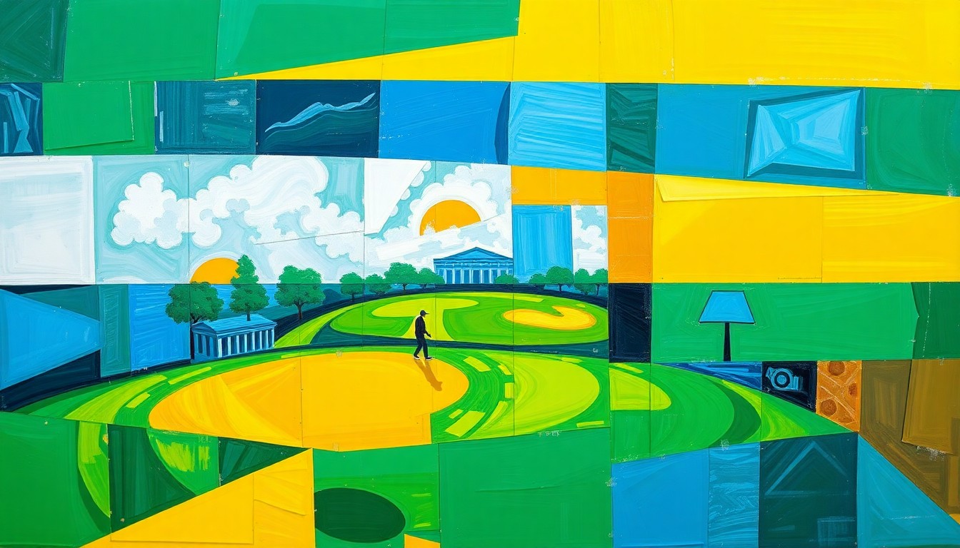A cubist, fragmented painting depicting a golf tournament, with sharp geometric shapes in vibrant colors representing the energy and disruption of the LIV Golf league coming to the city.