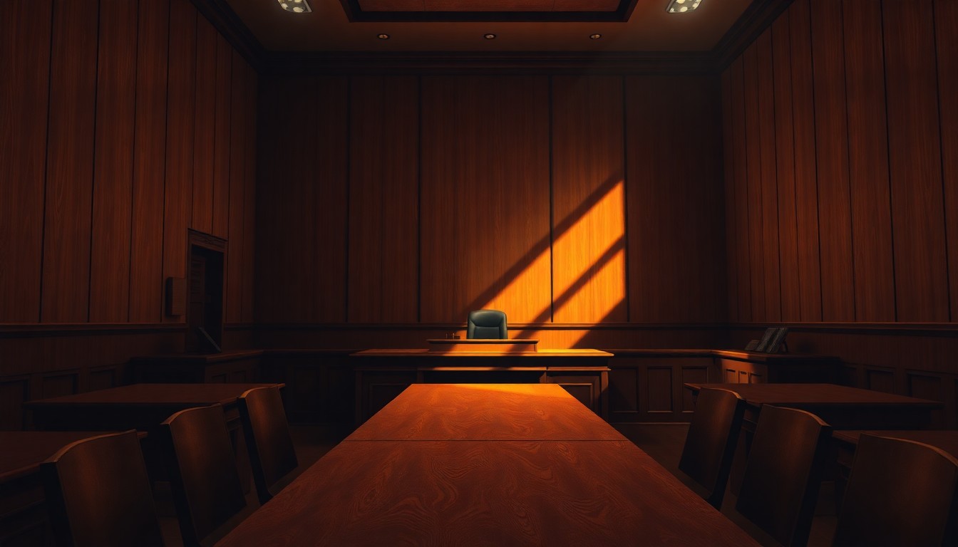 A dimly lit, cinematic painting of a solitary desk, with a single chair and a nameplate, all bathed in warm, diagonal sunlight and deep shadows, conveying a sense of quiet contemplation and uncertainty.
