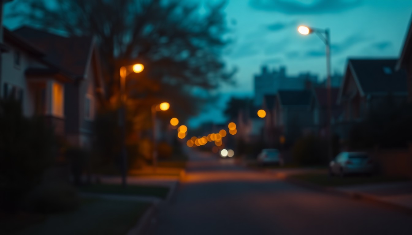 An abstract, out-of-focus scene of a residential street at night, with warm, glowing streetlights and the faint silhouettes of homes in the background, conveying a sense of domestic tranquility despite the billing issues faced by the family.