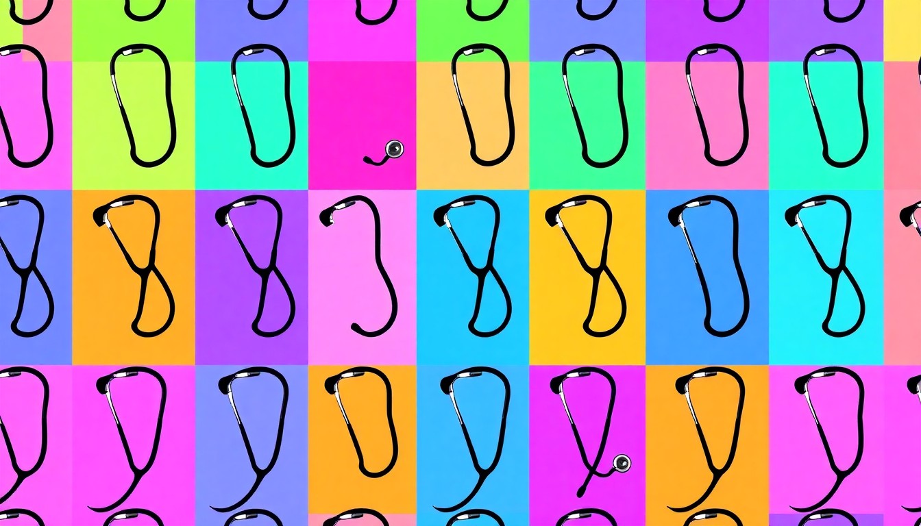 A highly stylized, abstract grid of brightly colored stethoscope icons in neon shades of blue, pink, and yellow, conceptually representing the medical field and UC Davis' focus on primary care training.