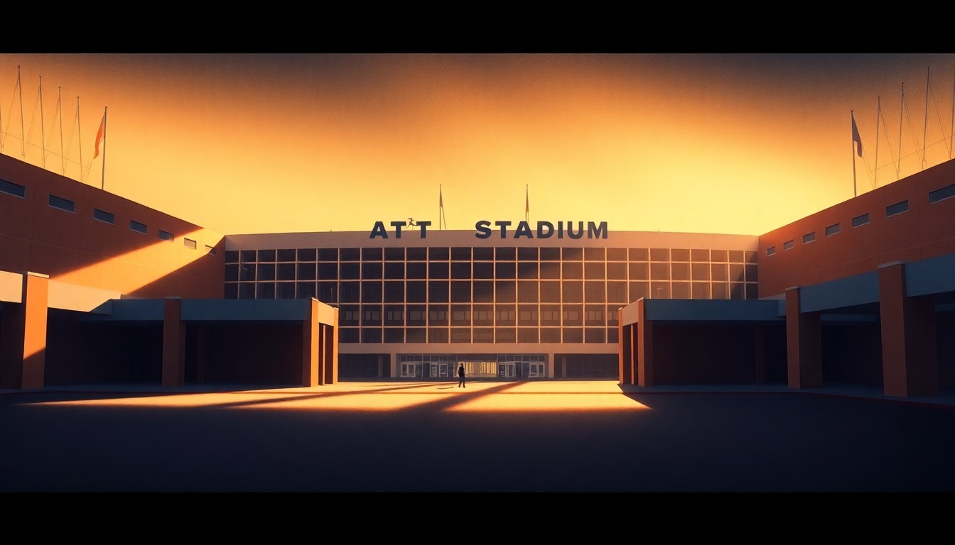 A cinematic painting of the exterior of a large, modern sports stadium with a curved roof and glass walls, surrounded by trees and bathed in warm, golden sunlight and deep shadows, conveying a sense of civic pride and architectural grandeur.
