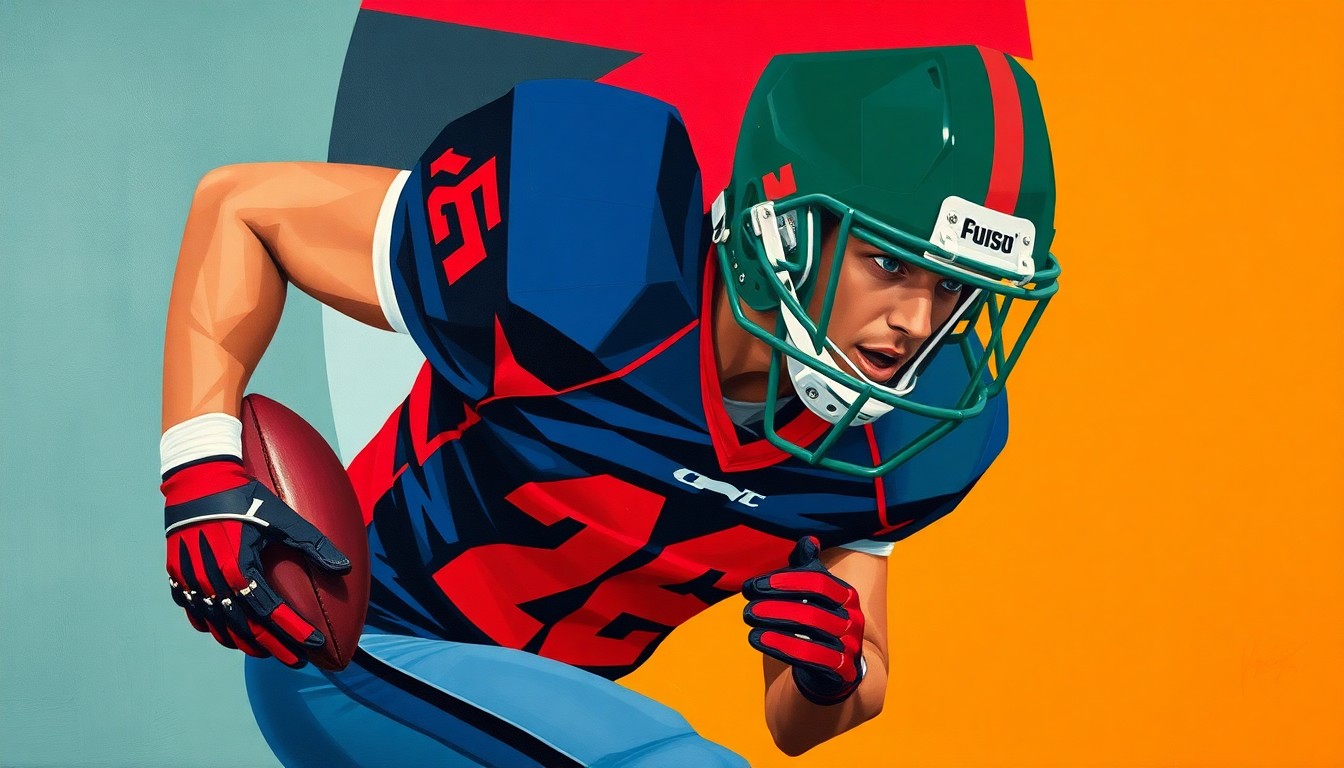 A fragmented, cubist-style painting depicting a high school football player in motion, with their jersey and equipment represented by bold, angular shapes in a palette of navy, crimson, and green.