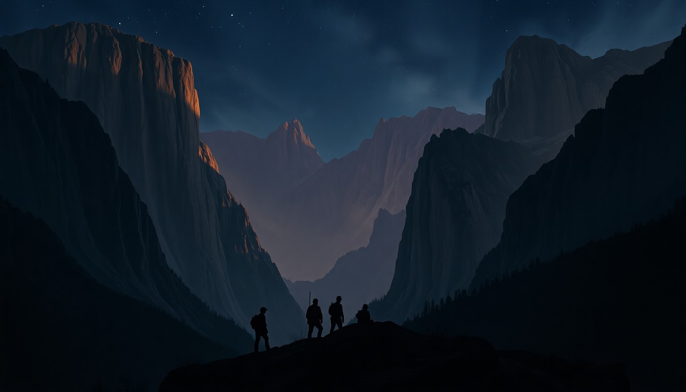 A vast, atmospheric landscape painting in muted tones of blue, gray, and black, depicting the towering rock formations and enveloping darkness of Eldorado Canyon State Park at night. The silhouettes of climbers can be seen dwarfed by the overwhelming scale of the natural environment.