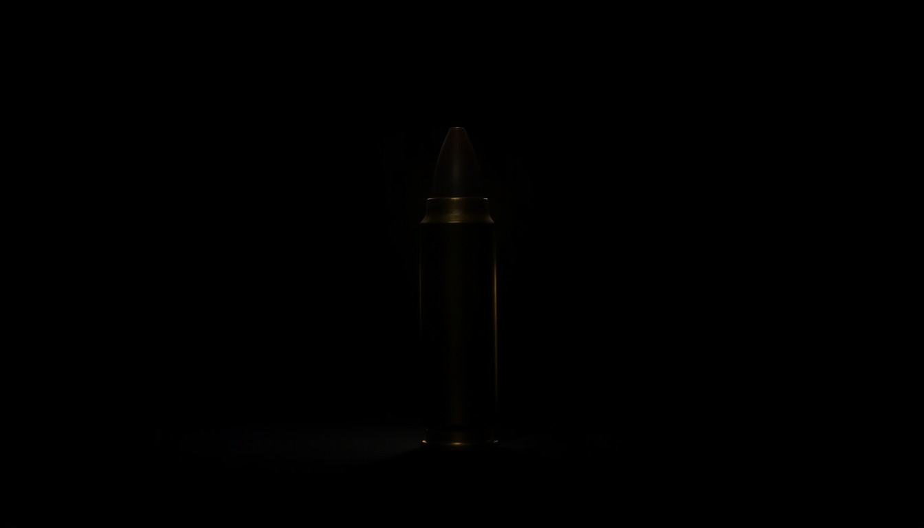 An extreme close-up photograph of a .50-caliber rifle cartridge, its metallic surface and sharp edges dramatically lit by a harsh camera flash against a pitch-black background, conveying a stark, investigative mood around the case.