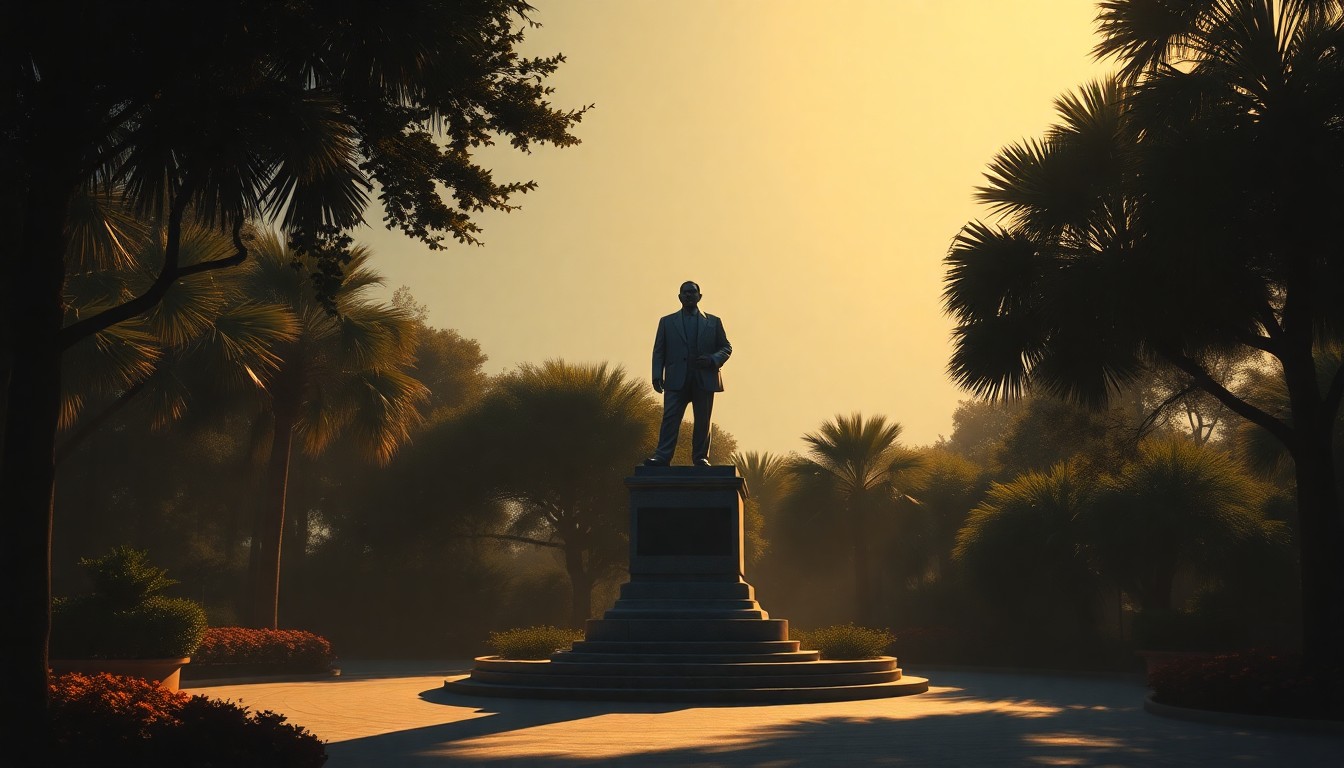 A serene, painterly image of a bronze statue of Calvin Coolidge standing alone in a lush, sunlit garden setting, capturing the quiet dignity and civic-minded legacy of the former president.