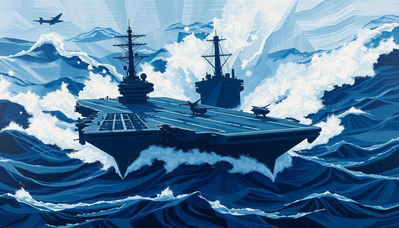 A dynamic, abstract painting of an aircraft carrier surging through choppy seas, with the ship's silhouette repeated in overlapping, geometric waves of navy blue, steel gray, and white, conveying the intense motion and strain of the record-breaking deployment.