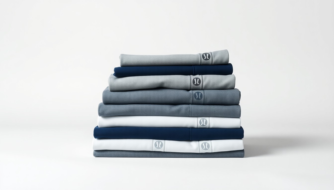 A high-end, photorealistic studio still-life photograph featuring a stack of neatly folded Lululemon athletic apparel in shades of gray, navy, and white, arranged elegantly on a clean, monochromatic seamless background, conceptually representing the brand's focus on quality, wellness, and elevated style.