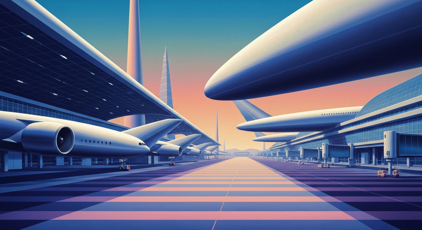 A bold, geometric illustration in the Art Deco style, featuring sweeping, smooth gradients and towering forced perspectives of airport terminals and runways, capturing the grand scale and romance of air travel without any literal depictions of people or text.