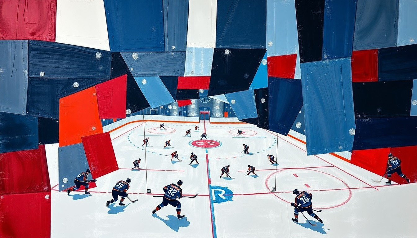 A cubist, geometric painting depicting a fragmented hockey game, with sharp planes of navy, scarlet, and white overlapping to create a dynamic, abstract composition that captures the emotional intensity of the Blue Jackets' season-ending struggles.
