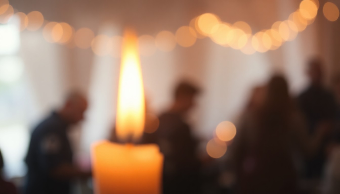 An extremely abstracted, out-of-focus photograph of a flickering memorial candle flame in the foreground, with a blurred background of soft, muted colors representing a community gathering to mourn.
