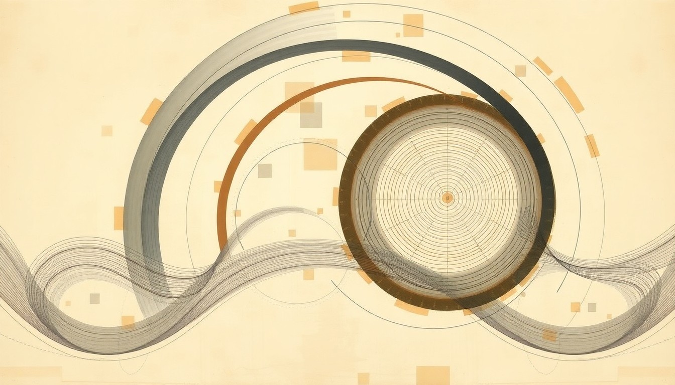 A highly structured abstract painting featuring sweeping geometric arcs, concentric circles, and precise botanical spirals in soft, earthy tones, conceptually representing the intricate dynamics between driving patterns, battery states, and powertrain operation in electric vehicles.