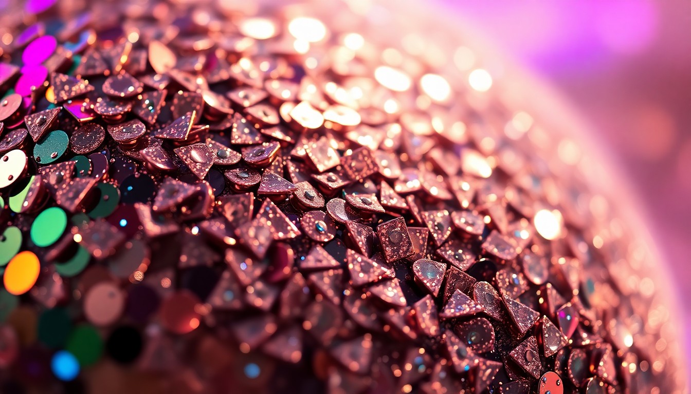 An extreme close-up photograph of sparkling sequins and shattered disco ball fragments, capturing the glitzy, high-energy atmosphere of a music festival.