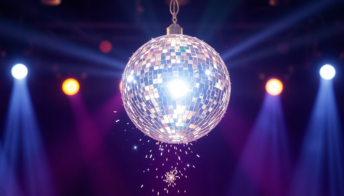 An extreme close-up photograph of shimmering, reflective stage lights bouncing off the shattered, glittering surface of a disco ball, creating a high-contrast, abstract image that captures the glamour and excitement of a live country music performance.