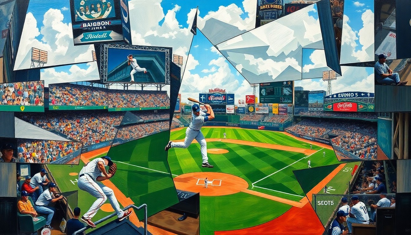 A cubist, geometric painting depicting the motion and energy of a baseball pitcher, with overlapping planes of color and form representing the dynamic action of the game.