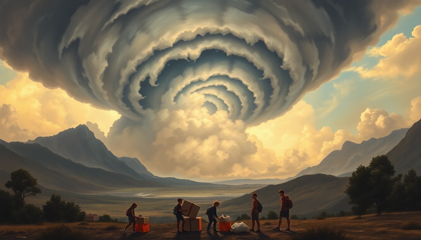 A sweeping, atmospheric landscape painting depicting a group of students dwarfed by the imposing scale of a swirling storm cloud formation on the horizon, conveying their role in bolstering the community's hurricane readiness.