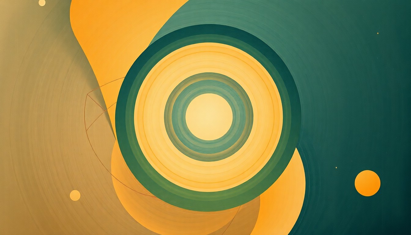 A bold, abstract painting featuring sweeping geometric arcs, concentric circles, and precise spirals in earthy tones, conceptually representing the complex forces and concepts of space travel.