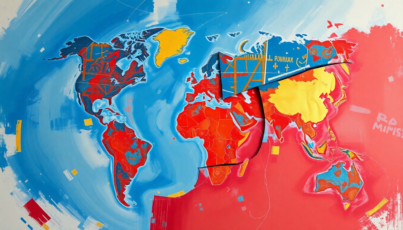 A vibrant, abstract painting featuring overlapping, geometric shapes and waves of color in shades of blue, red, and gold, conceptually representing the fragmentation of the global political and economic landscape.
