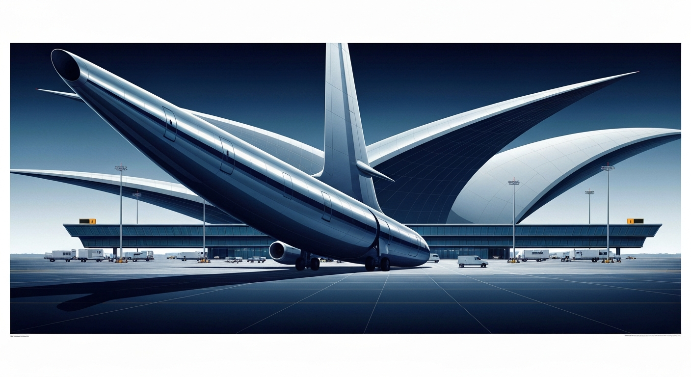 A highly stylized, geometric illustration depicting the sweeping silhouettes of aircraft and airport terminals in a sleek, Art Deco-inspired composition, conveying the grand scale and modern efficiency of air travel.