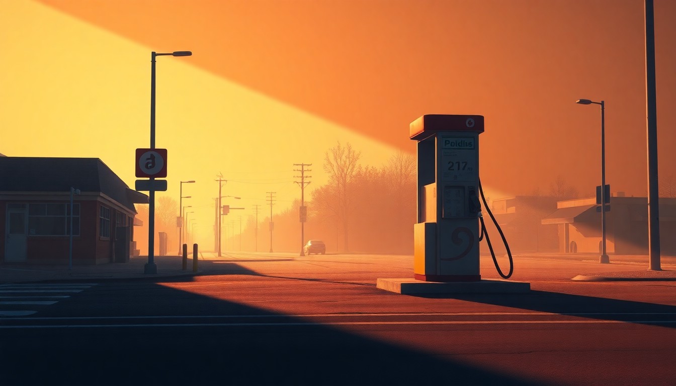 A photorealistic painting in the style of Edward Hopper, depicting a lone gas pump standing on an empty urban street bathed in warm, diagonal sunlight and deep shadows, conceptually representing the financial burden of high fuel costs on drivers.