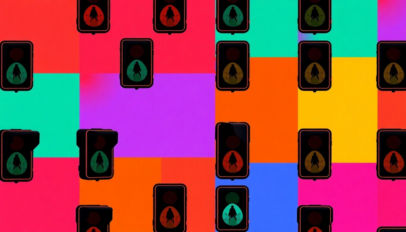 A vibrant, high-contrast silkscreen print of a HAWK crosswalk signal repeated in a grid, using bold neon colors and heavy black outlines to transform the everyday traffic device into a modern pop art piece.