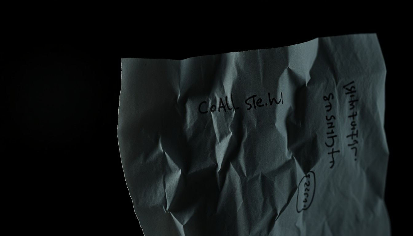 An extreme close-up photograph of a crumpled piece of paper with handwritten notes, lit by a harsh, direct camera flash against a pitch-black background, conceptually representing the sensitive nature of a criminal investigation into sexual assault allegations.
