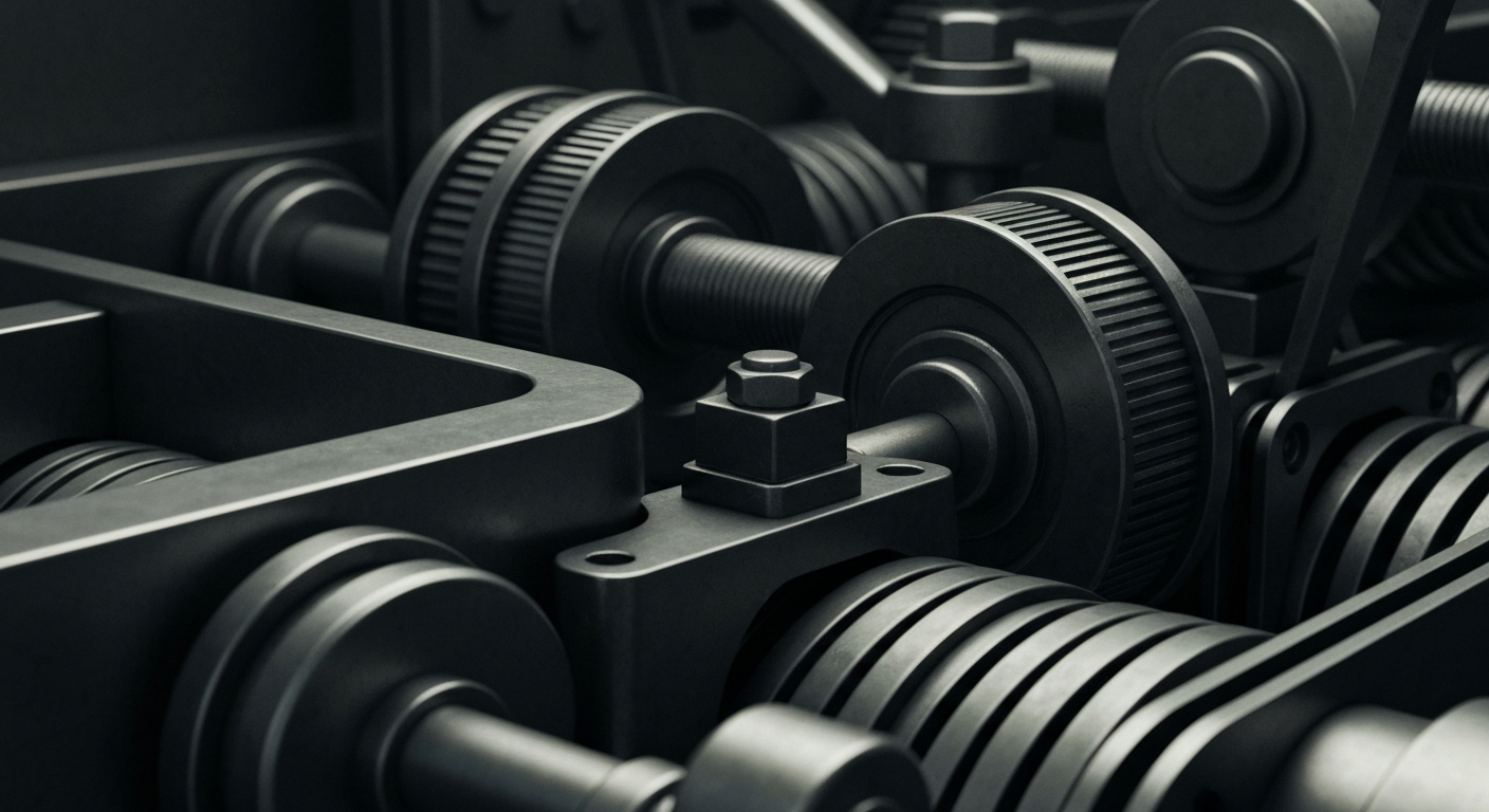 An extreme close-up of heavy, industrial banking machinery and equipment, conveying a sense of financial security and institutional power without using literal currency or charts.