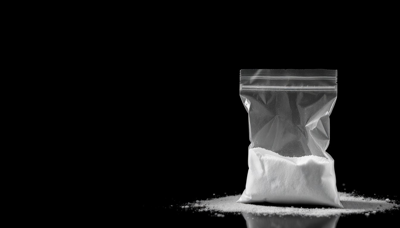 An extreme close-up photograph of a small plastic bag containing a white powdery substance, lit by a harsh, direct camera flash against a pitch-black background, conceptually representing the physical evidence seized in a federal drug trafficking investigation.
