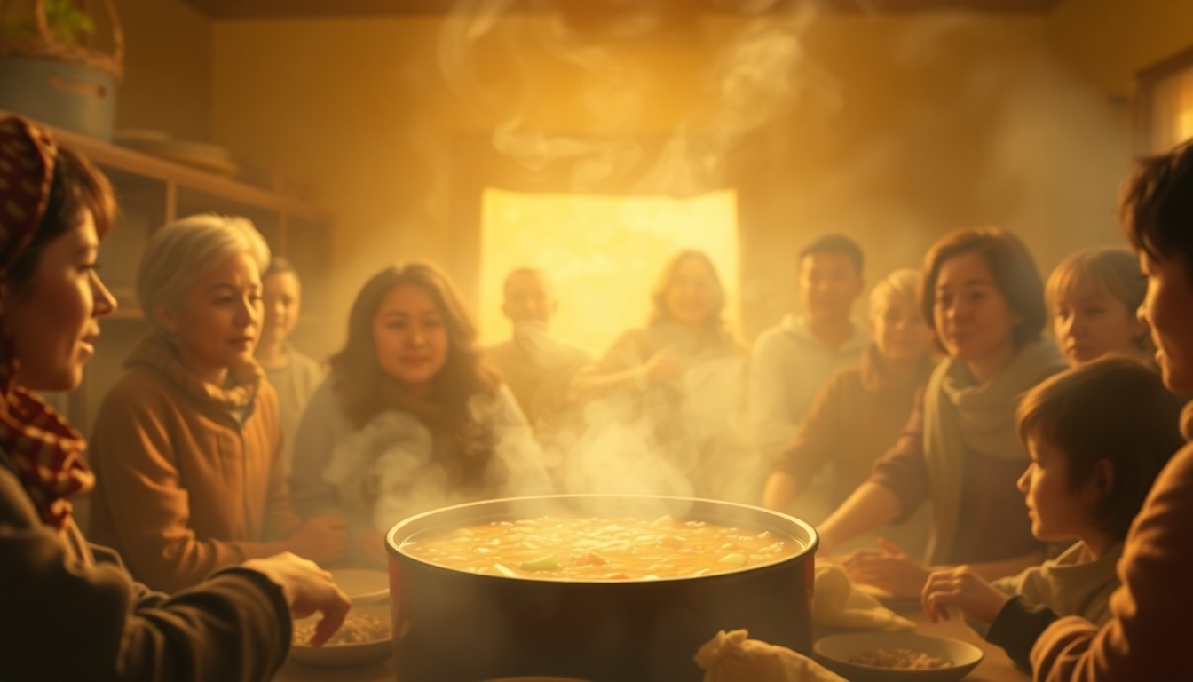 An abstract, dreamy photograph in muted tones of earth and fire, depicting the blurred silhouettes of people gathered around a large pot, the steam rising in hazy tendrils, conveying a sense of community and warmth.
