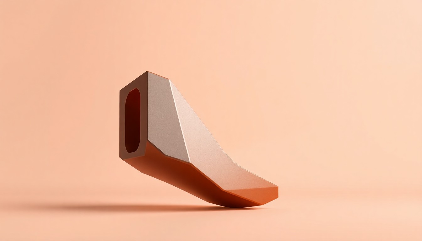 A polished, geometric Hitachi construction equipment part or accessory floating on a solid, monochromatic background, using dramatic studio lighting to highlight the premium materials and innovative design.