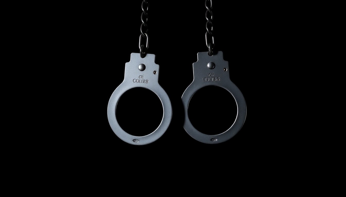 An extreme close-up photograph of a pair of handcuffs against a pitch-black background, lit by a harsh, direct camera flash. The metallic texture and dramatic shadows create a stark, gritty, investigative aesthetic.