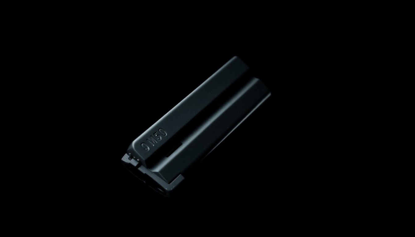 An extreme close-up photograph of a 9mm semi-automatic handgun magazine against a pitch-black background, lit by a harsh, direct camera flash, conceptually representing the weapon allegedly used in the assault.