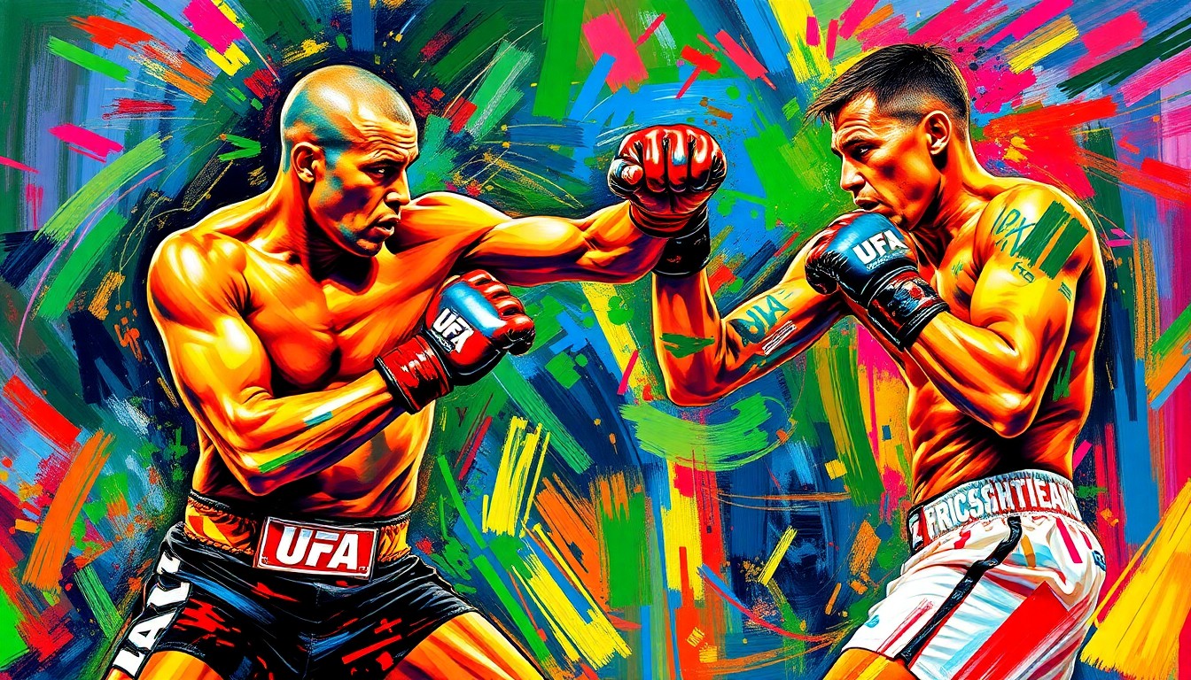 An abstract, expressionist painting in neon colors depicting the dynamic movements and intensity of MMA fighters, conveying the excitement and anticipation surrounding the upcoming Netflix MMA event.