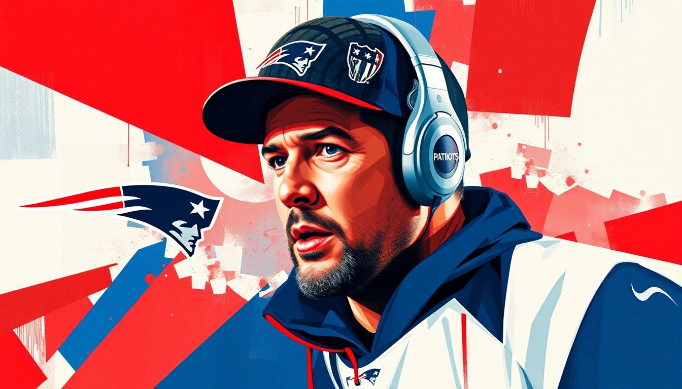 A fragmented, geometric painting depicting Mike Vrabel's football career, with sharp planes of navy, red, and white representing his time as a player and coach for the New England Patriots.