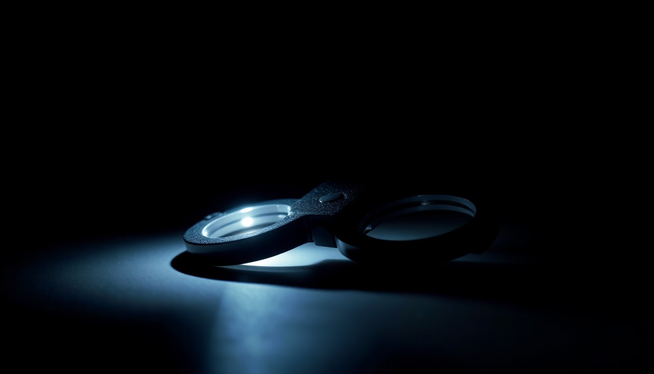 An extreme close-up photograph of a handcuff or other crime-related physical evidence object, lit by a harsh, direct camera flash against a pitch-black background, creating a stark, gritty, investigative aesthetic.