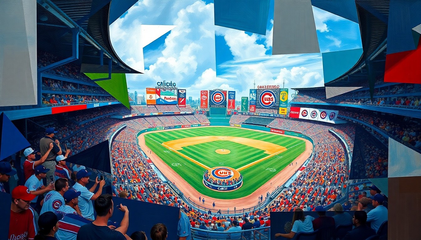 A cubist-style painting depicting a fragmented, geometric representation of a baseball game, with overlapping shapes and planes in shades of blue, red, and yellow, conveying the disjointed nature of the Cubs' injury-plagued season.