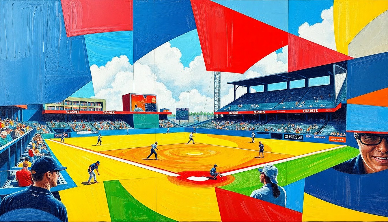 A fragmented, multi-angled painting depicting a softball game in progress, with sharp planes of color and overlapping geometric shapes representing the dynamic motion and competition of the sport.