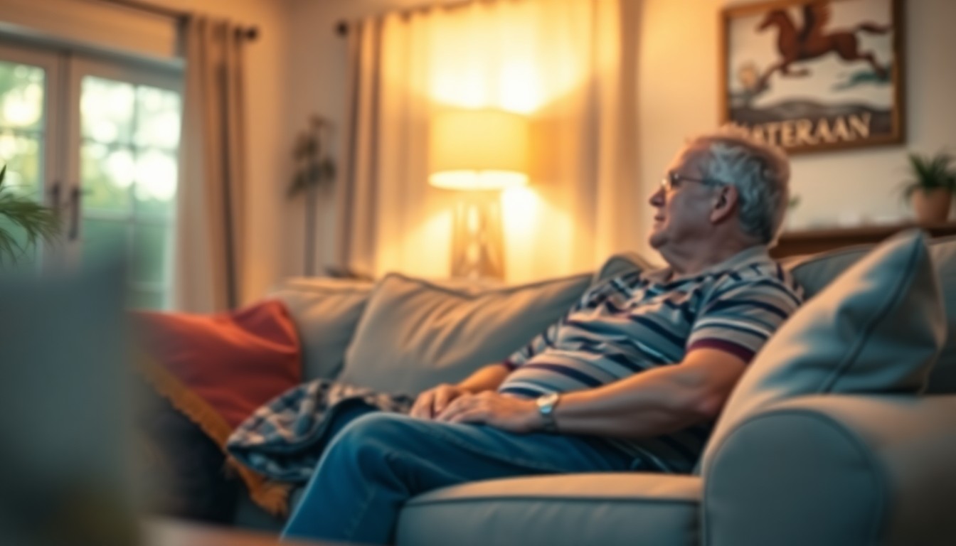 A softly blurred, out-of-focus photograph of a veteran sitting comfortably on a couch in a warm, inviting living room, with muted colors and gentle light creating an atmosphere of peace and restoration.